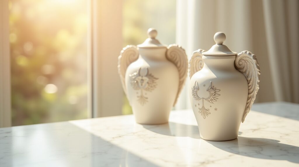 Elegant angel cremation urns with delicate wing details displayed under soft natural light.