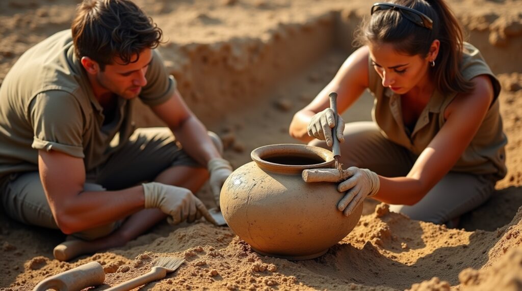 Archaeologists uncovering an ancient cremation urn at an excavation site.