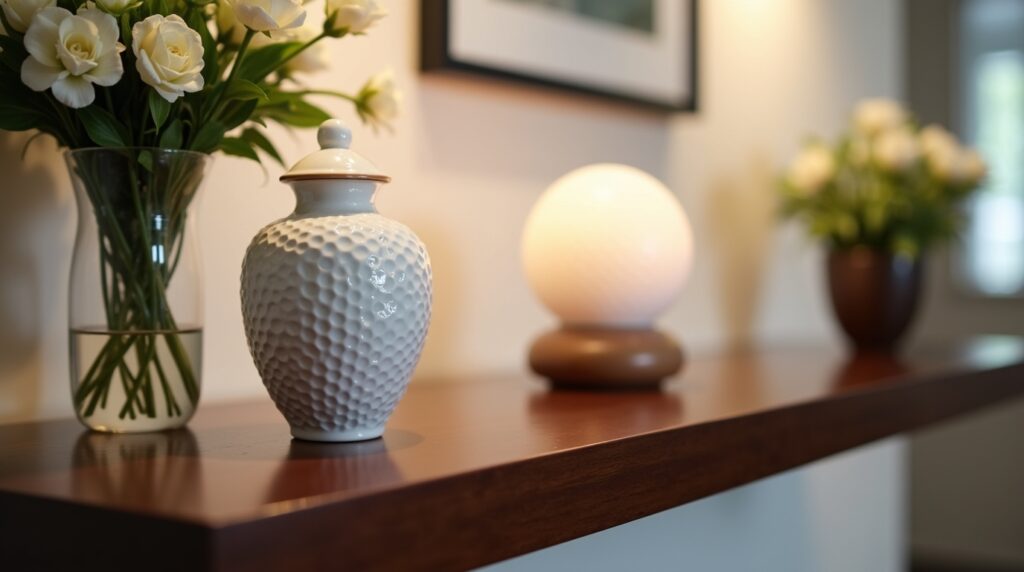 Modern cremation urn designed to reflect a hobby, displayed on a shelf