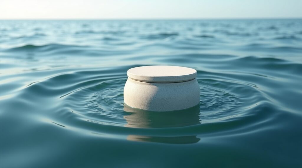 Biodegradable cremation urn floating on calm ocean water during sea burial