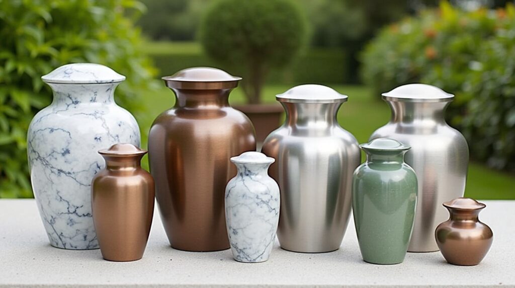 Marble, bronze, stainless steel, and biodegradable cremation urns suitable for burial or green burial.