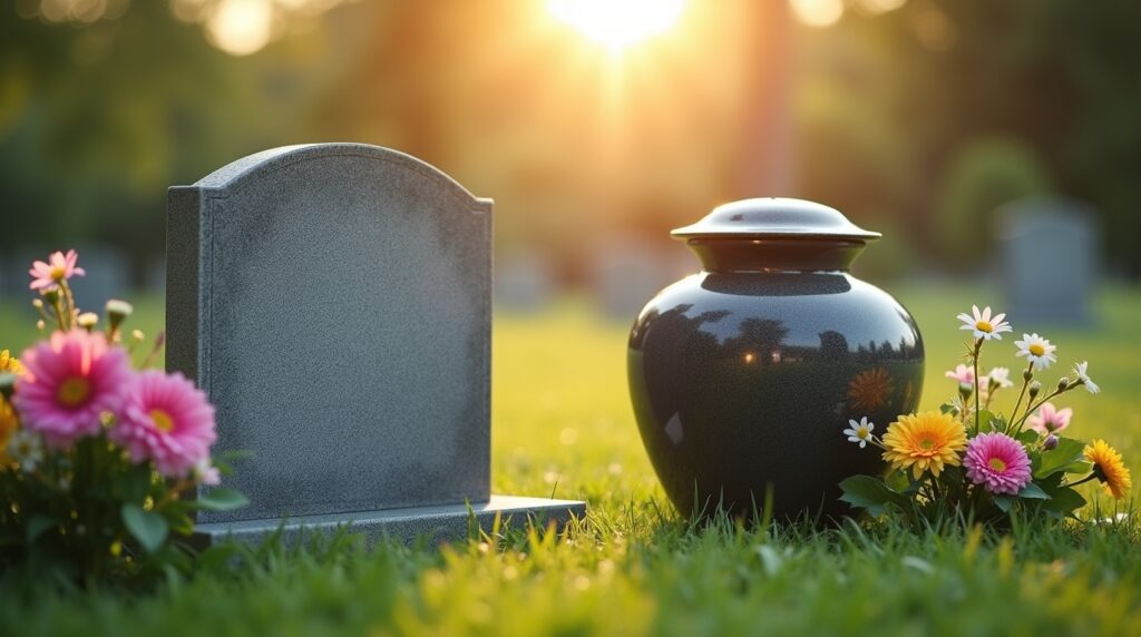 Gravestone and cremation urn side by side symbolizing the choice between burial and cremation