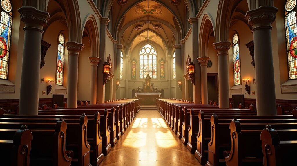 Peaceful interior of a Catholic church with candles symbolizing faith and tradition