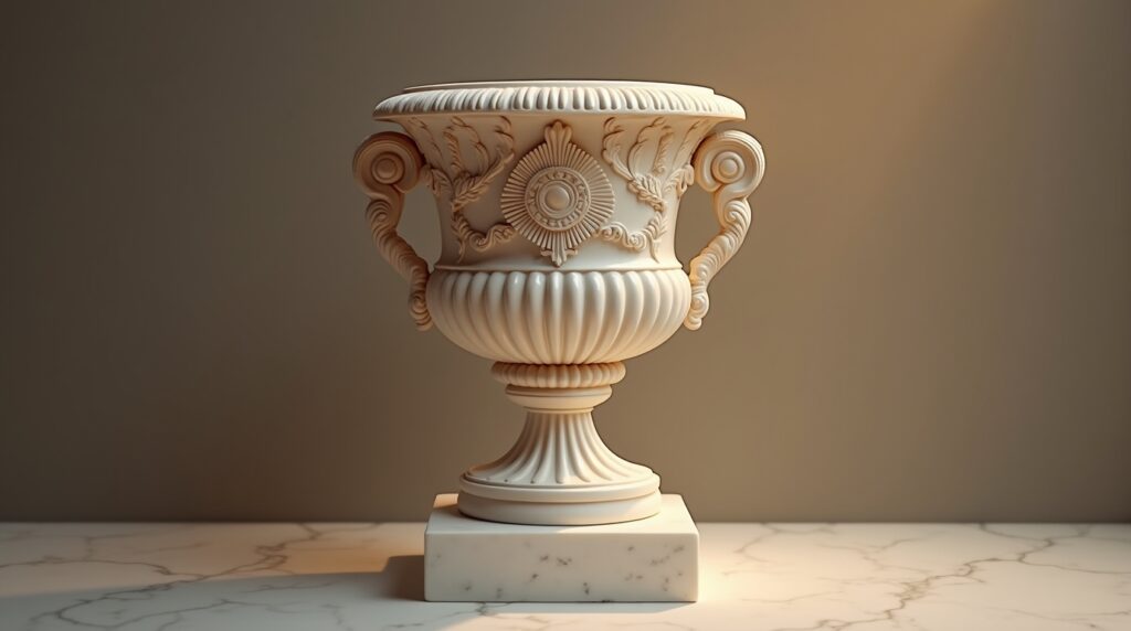 Ancient Grecian-style cremation urn on a marble pedestal