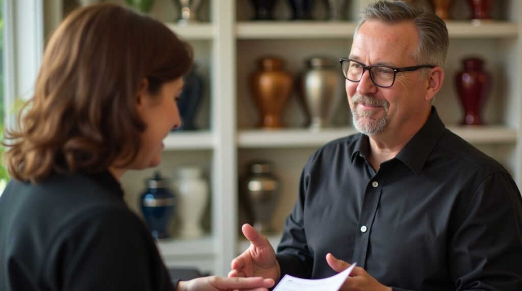 Person consulting with a funeral director about choosing the right cremation urn.