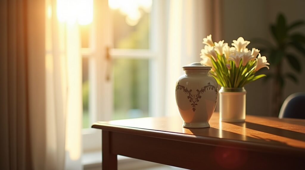 Urn containing cremation ashes surrounded by flowers symbolizing peace and remembrance