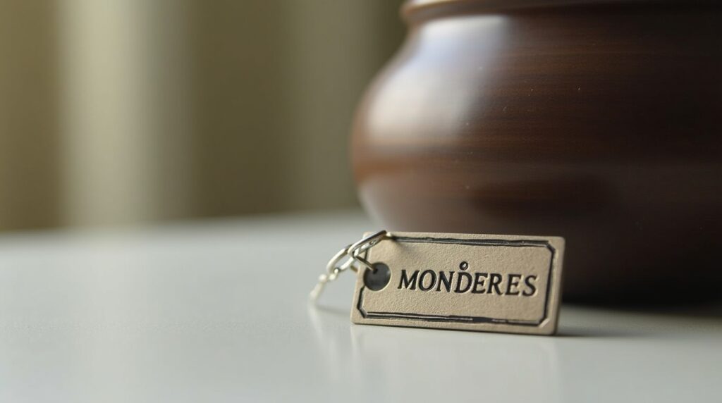 Labeled identification tag beside a cremation urn symbolizing proper identification and care during cremation