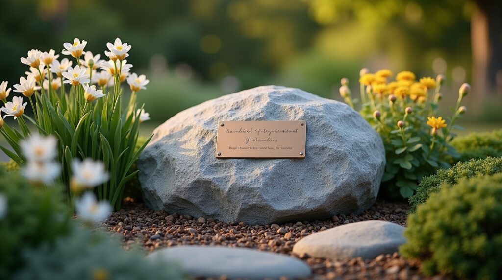Cremation memorial rock with bronze plaque placed in a peaceful garden.