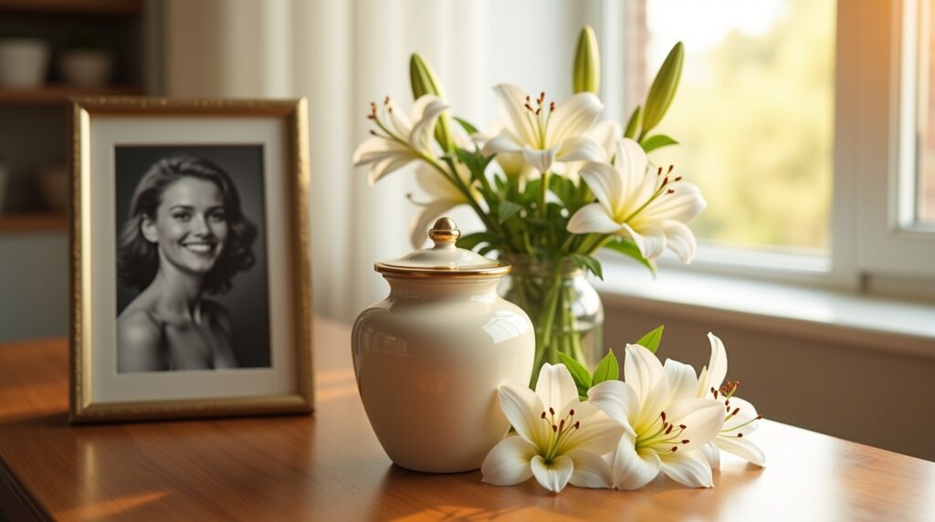 A memorial table with an urn, framed photo, and flowers symbolizing loving remembrance after cremation