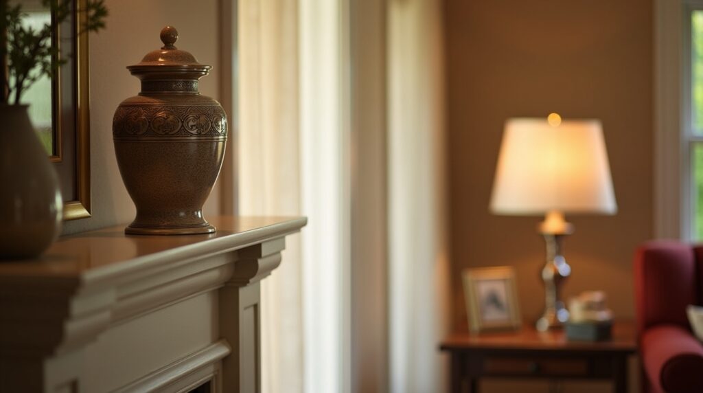 Decorative cremation urn displayed in a cozy living room, blending with home décor.