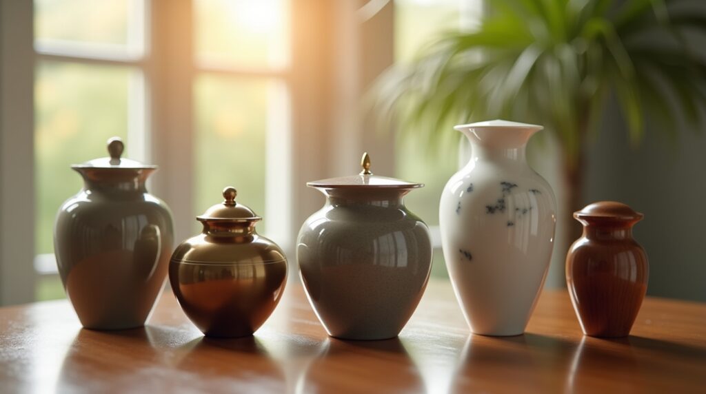 Various cremation urns in different styles and materials arranged on a wooden table in soft light.