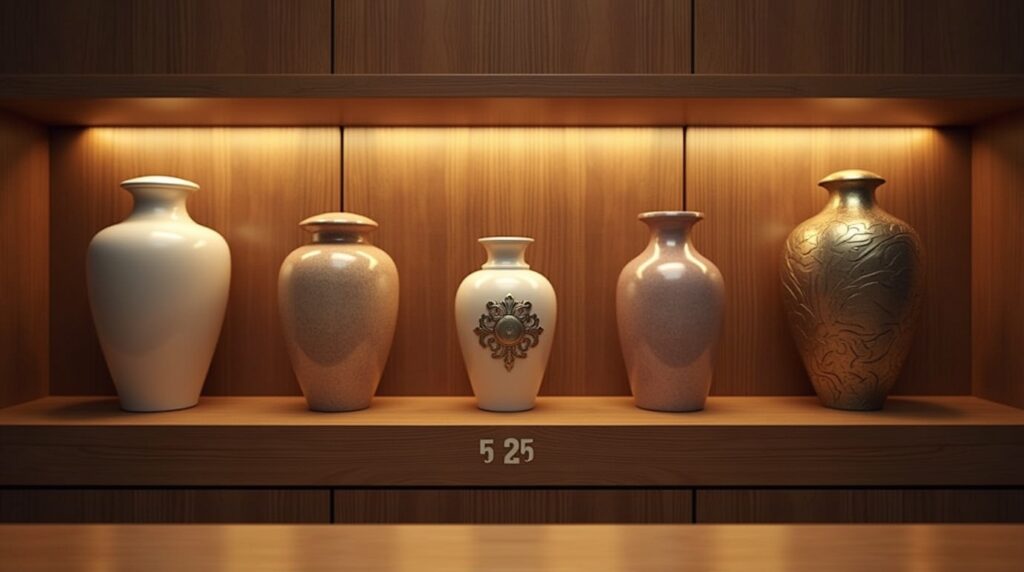 Various sizes of cremation urns displayed on a wooden shelf