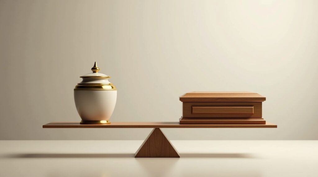 Symbolic balance scale comparing cremation and burial costs, with urn weighing lighter than casket.