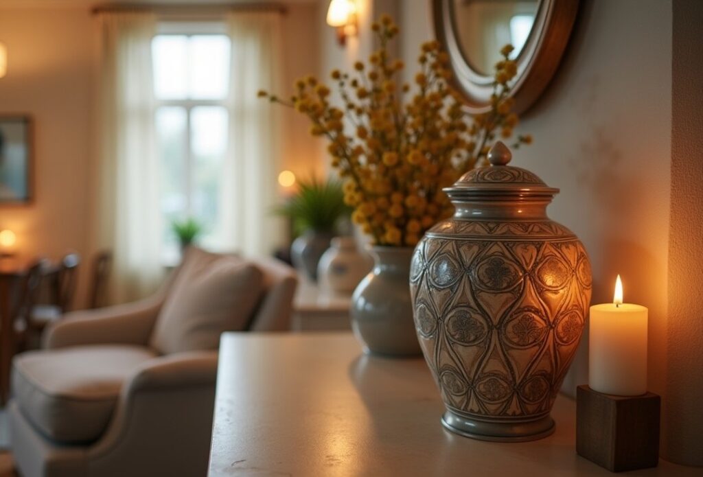 Decorative cremation urn displayed on a home shelf, symbolizing remembrance and comfort