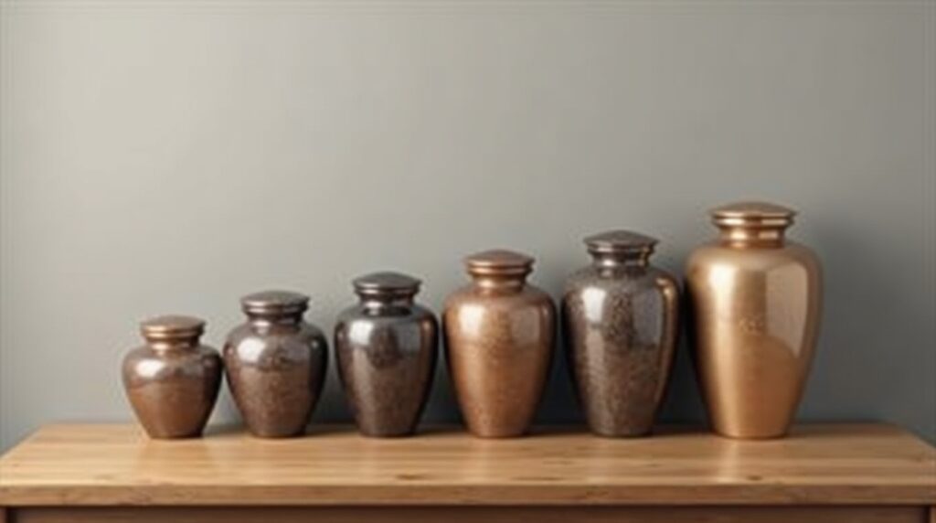 Different cremation urns in varying sizes arranged on a table to illustrate size differences