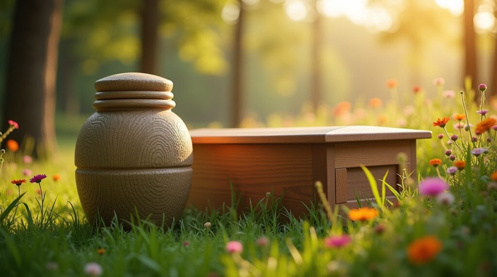 Biodegradable urn and wooden coffin with green leaves symbolizing eco-friendly burial or cremation choices