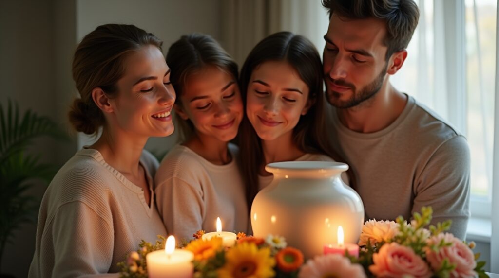 Family holding hands near a memorial table with flowers and urn symbolizing reassurance after choosing a good crematory