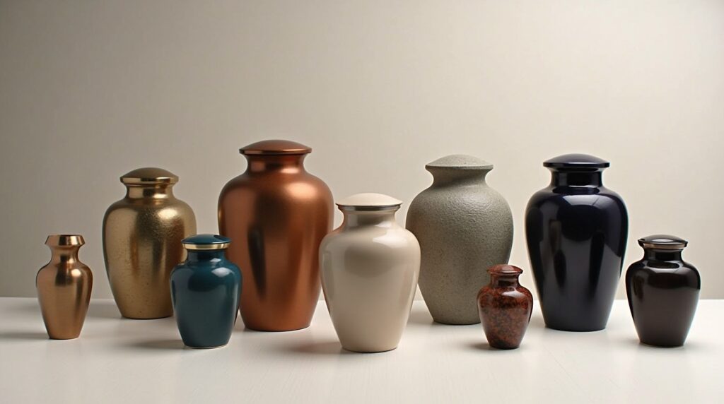 Various funeral cremation urns displayed elegantly, showing diversity in style and material.