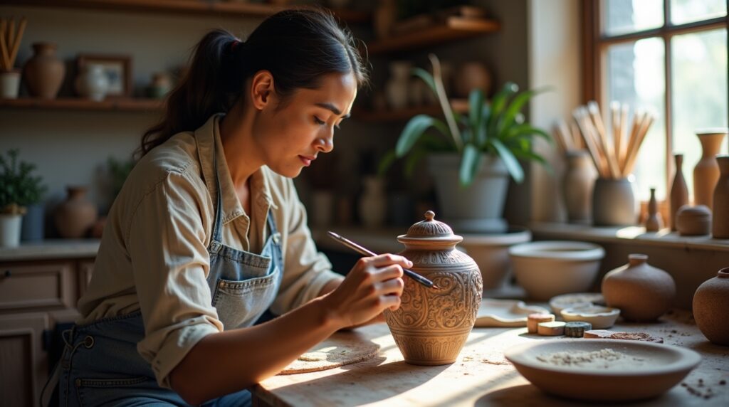 Artisan creating a handcrafted cremation urn, symbolizing personalization and artistry.