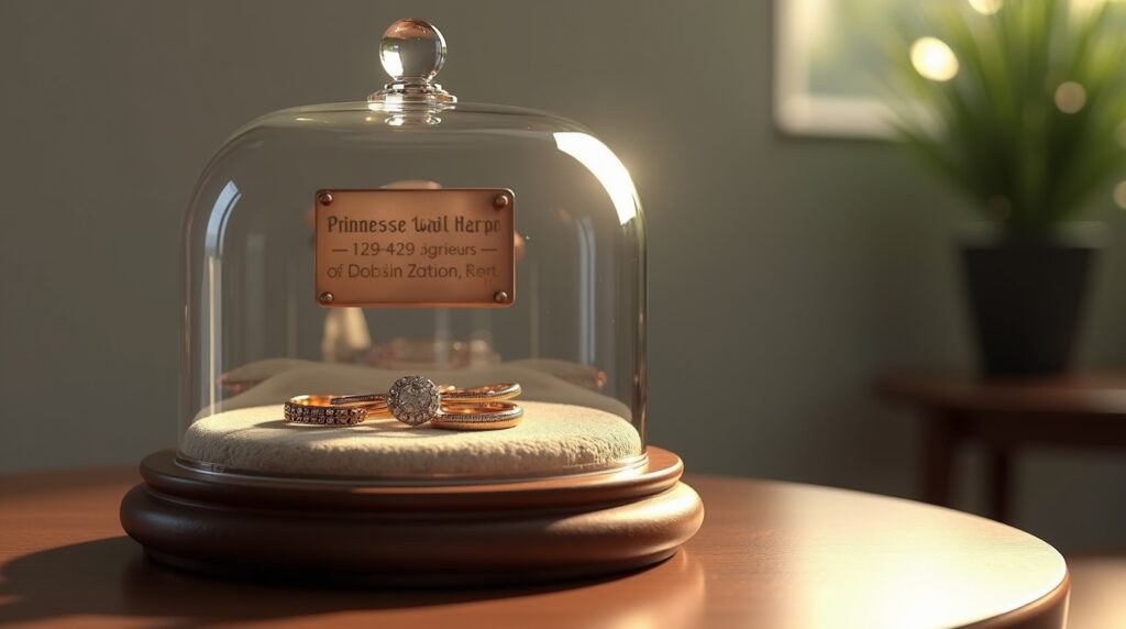 Cremation jewelry displayed in an elegant glass dome with a bronze plaque
