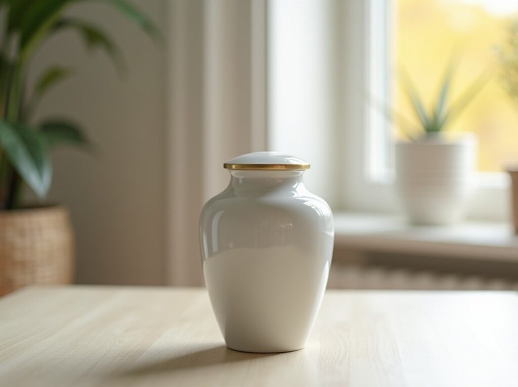Large cremation urn displayed on a table to represent an urn with extra space