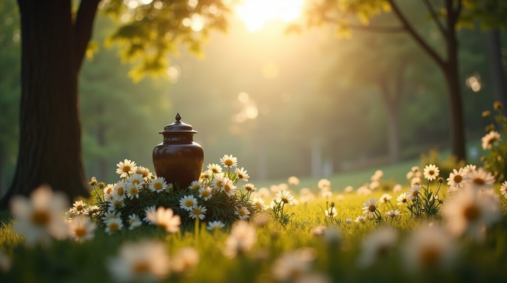 Peaceful memorial scene with a single elegant cremation urn surrounded by flowers and sunlight