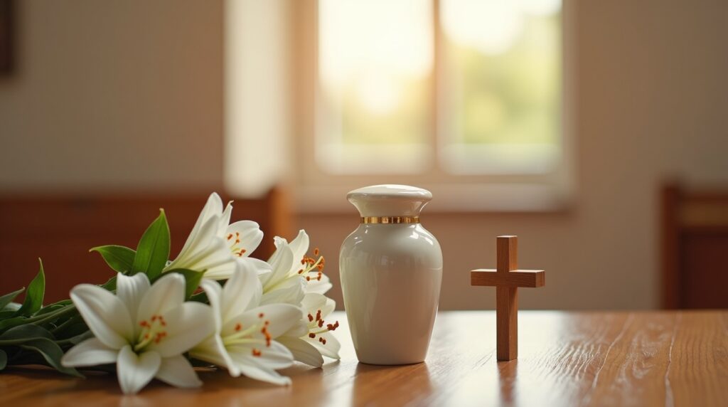 Cremation urn with a cross and white lilies symbolizing peace and modern Catholic acceptance of cremation