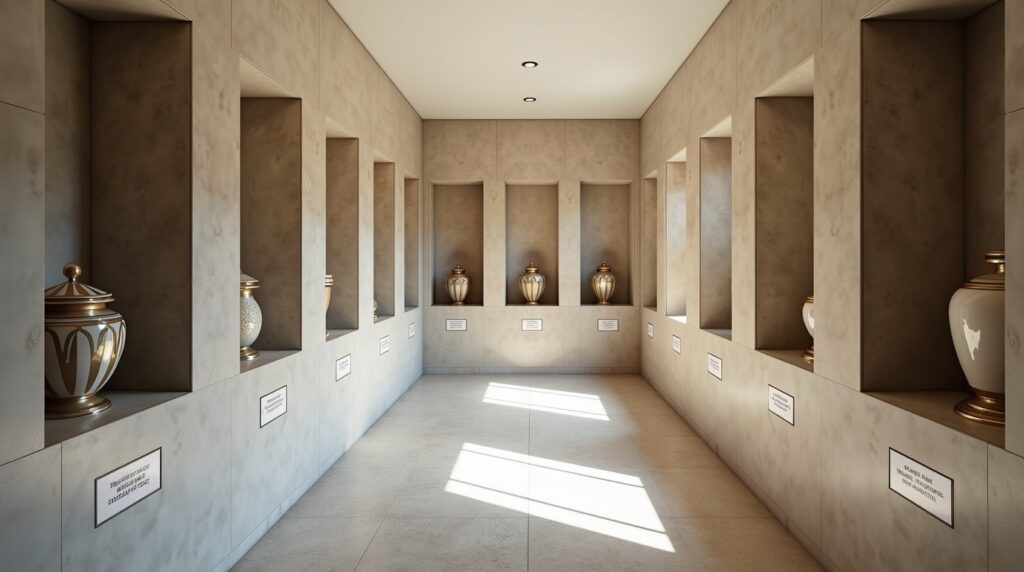 Modern columbarium wall with decorative cremation urns displayed in niches
