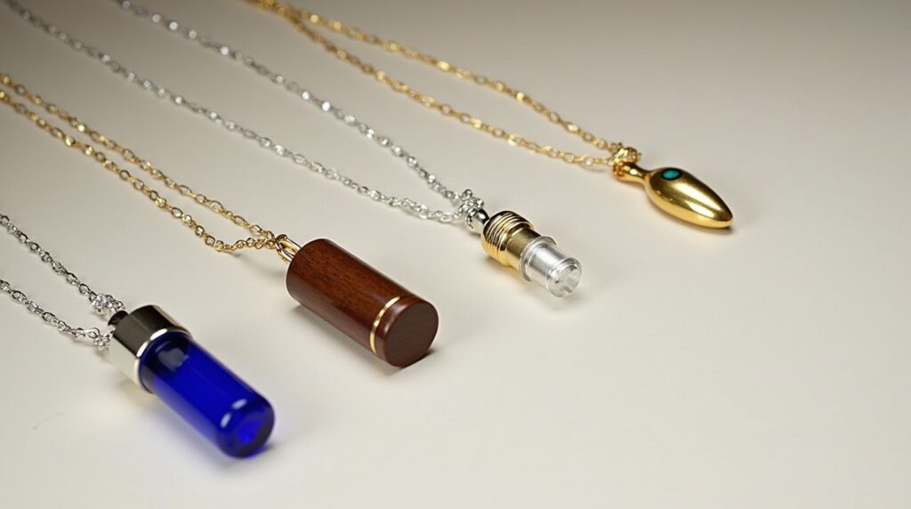 Assorted modern cremation jewelry including glass, wood, and gold urn pendants