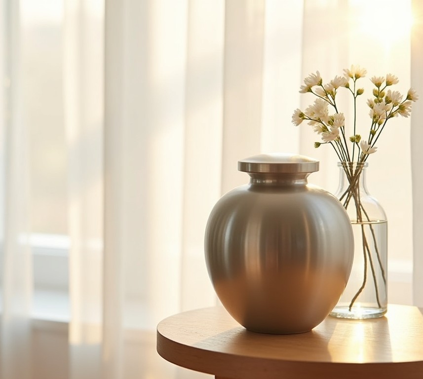 A modern cremation urn displayed in a softly lit home setting beside fresh flowers.