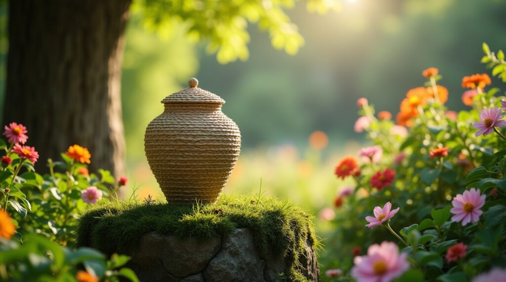 Natural biodegradable cremation urn in a serene garden, honoring a loved one and nature.