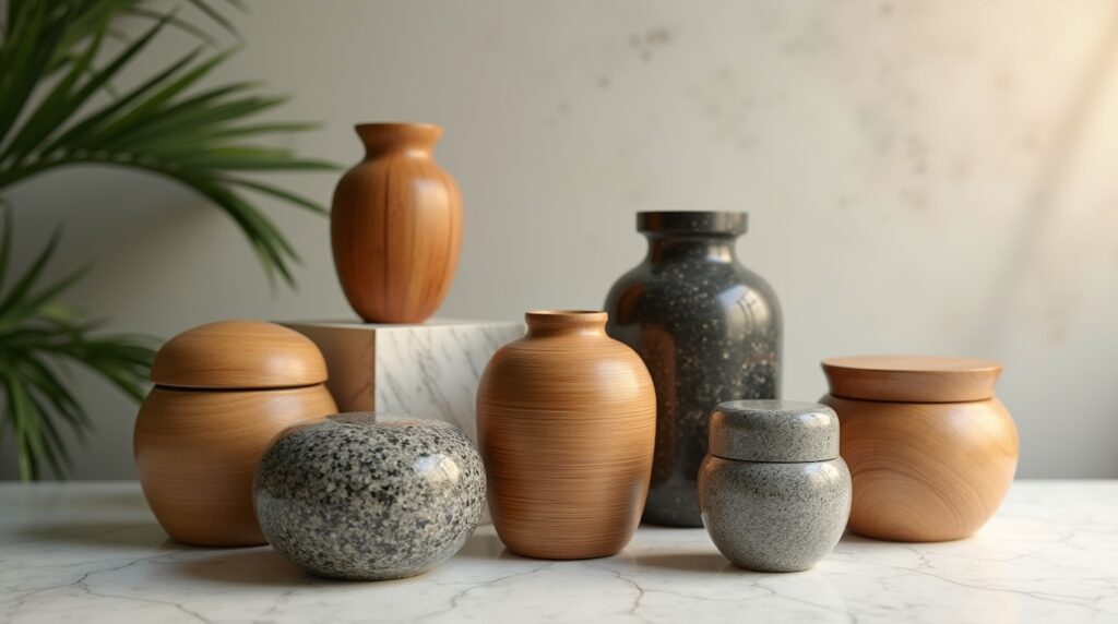 Cremation urns made from bamboo, wood, granite, and marble, showcasing natural materials.