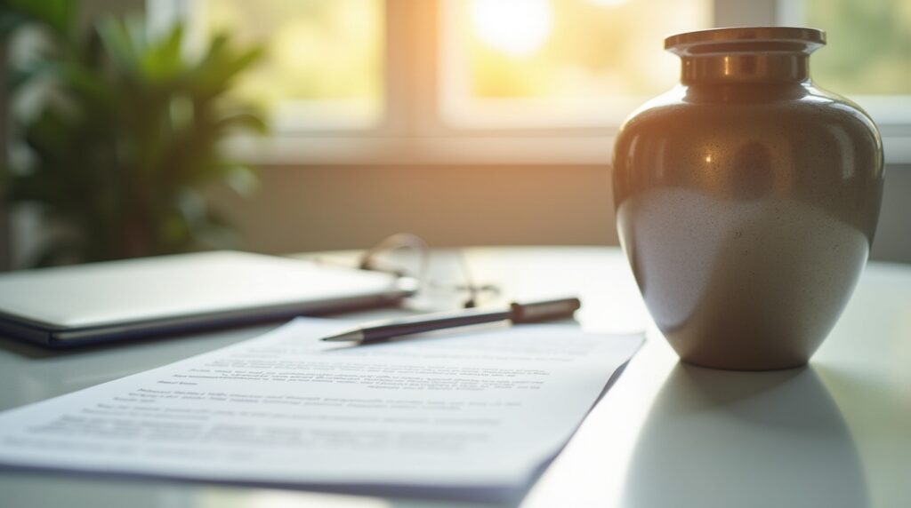 Cremation urn on a desk with paperwork, symbolizing legal and official preparation for cremation.