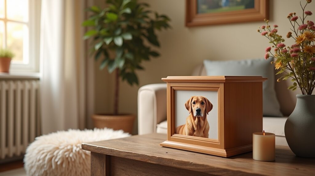 Pet cremation urn with a photo frame displaying a beloved pet’s picture.
