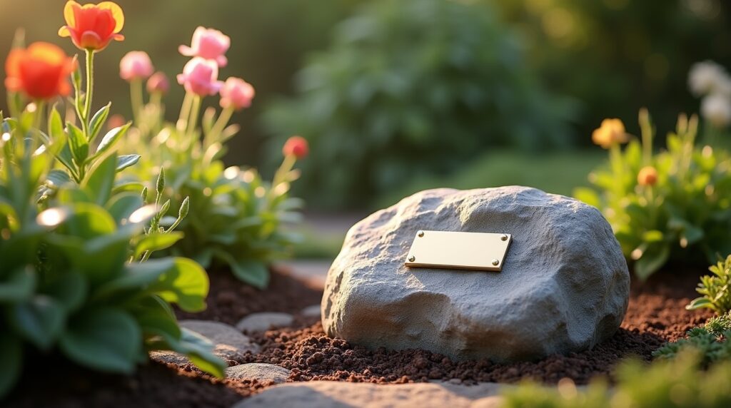 Pet memorial rock urn in a garden, honoring a beloved pet outdoors.