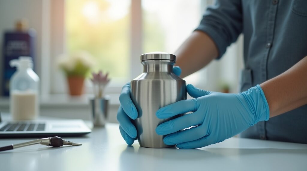 Professional handling cremation urn and preparation tasks in a safe and respectful manner.