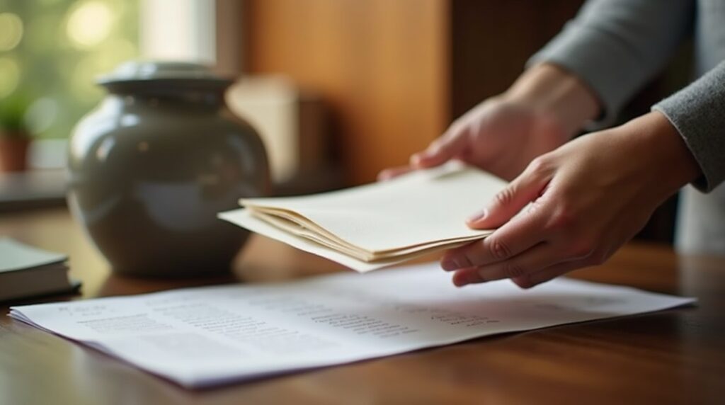 Hands placing a letter and keepsake near a cremation urn to symbolize using extra space for personal mementos