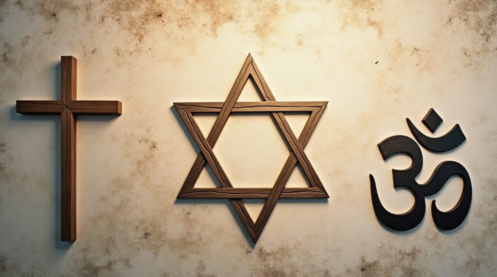 Religious symbols representing different faiths’ traditions about burial and cremation