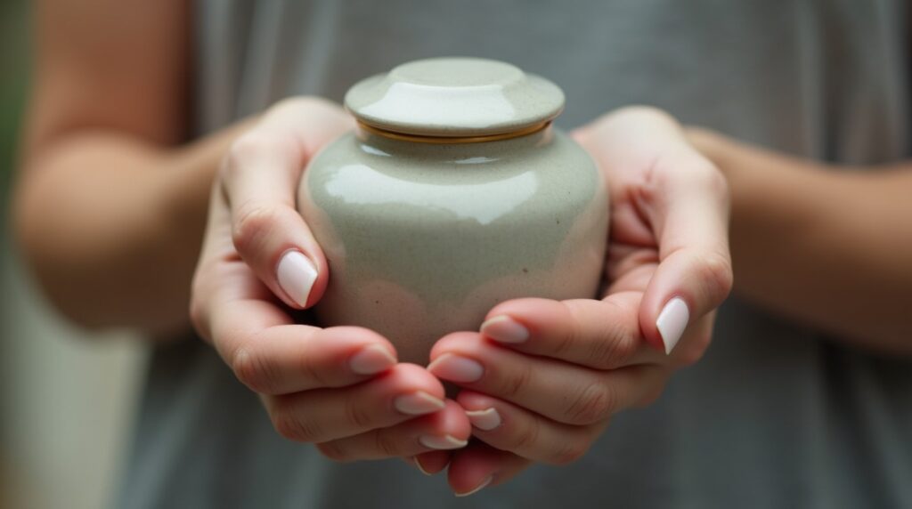 A person gently holding an urn, symbolizing the safe handling and care of cremation ashes