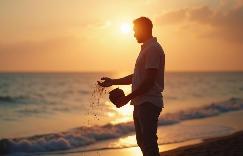 Person scattering ashes by the ocean at sunset, symbolizing a peaceful farewell