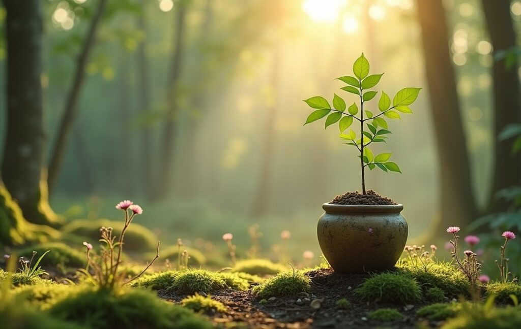 Tree growing from a biodegradable cremation urn, representing renewal and life after scattering ashes