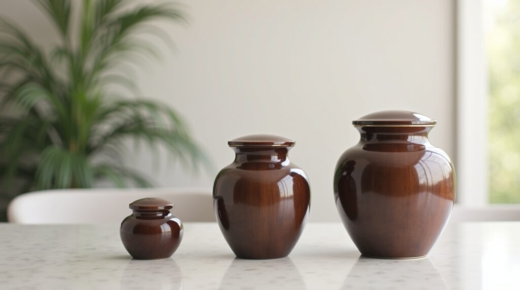 Comparison of small keepsake, medium individual, and large companion cremation urns