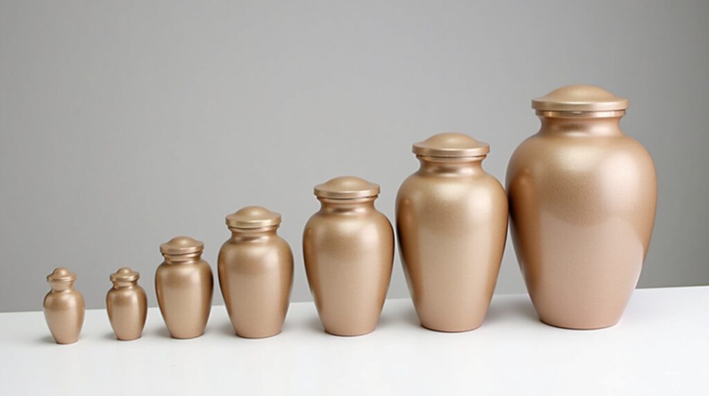 Cremation urns arranged from small keepsake to medium individual to large companion urn, showing relative sizes visually.