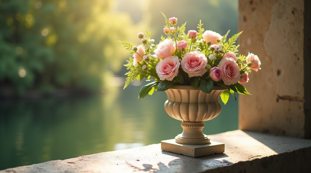 Classic urn with flowers symbolizing life, remembrance, and the timeless nature of urns