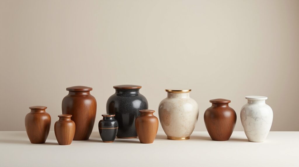 Selection of cremation urns in different materials and designs displayed side by side.