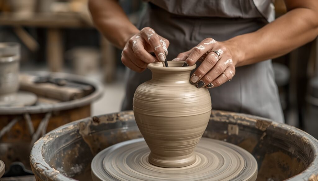 Artisan molding and glazing a ceramic cremation urn