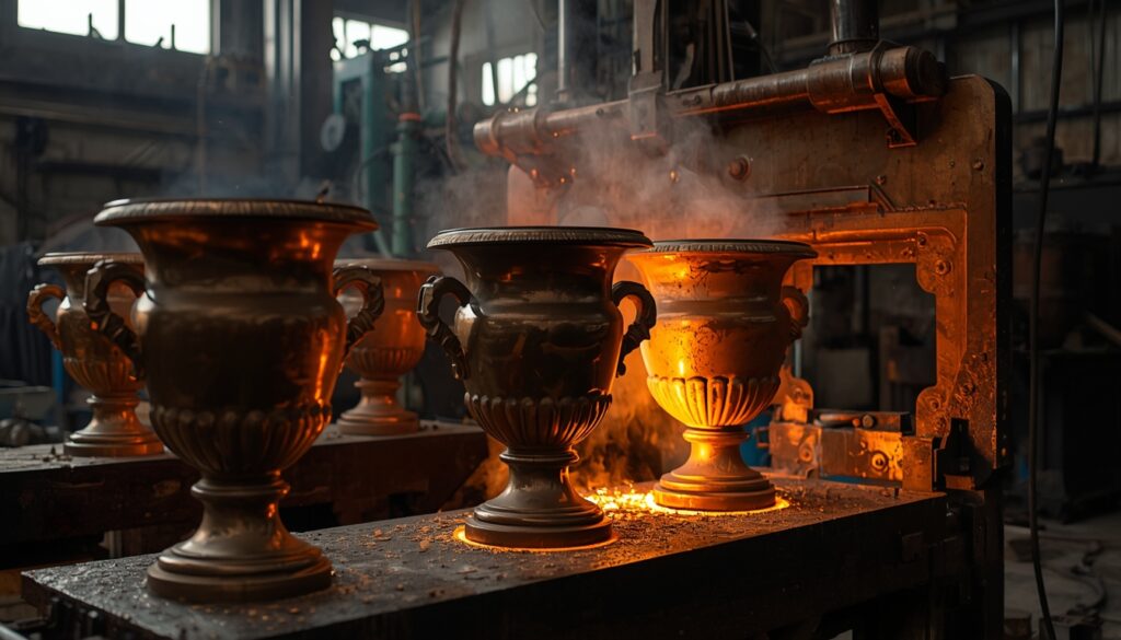 Bronze cremation urns being cast in a workshop