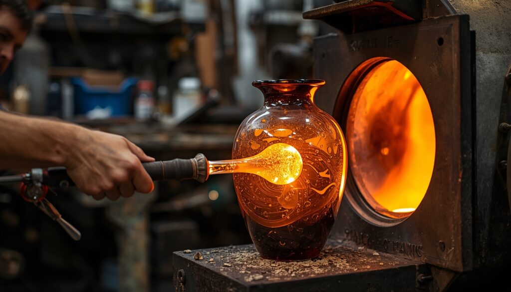 Hand-blown glass cremation urn in a studio