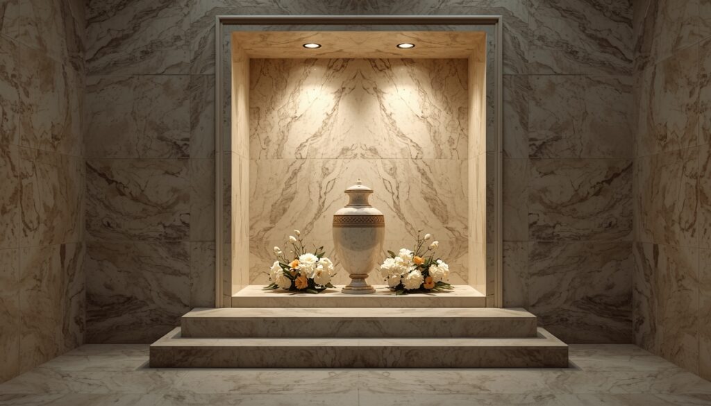 Cremation urn displayed inside a mausoleum niche with flowers