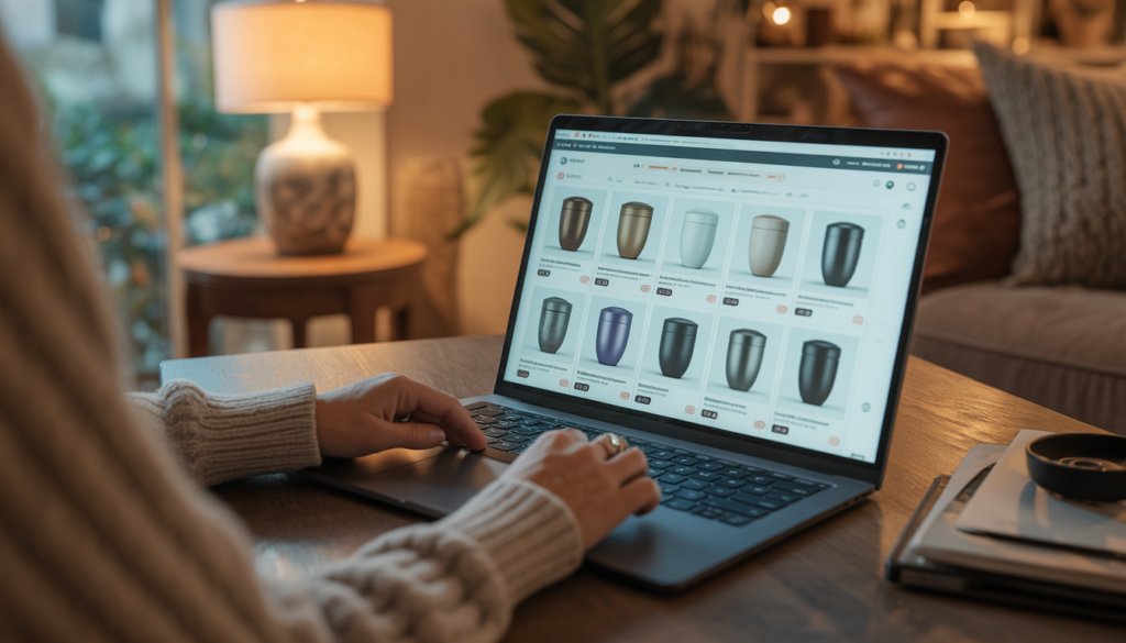 Person shopping for cremation urns online at home